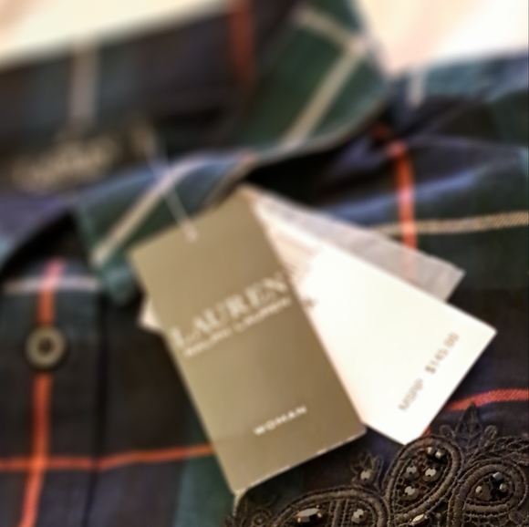 Lauren Ralph Lauren twill cotton plaid  lace bullion patch shirt nwt - Picture 7 of 10